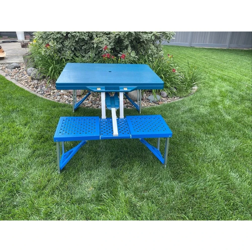 Vintage Handy Folding Suitcase Picnic Table and Chair Set Blue Retro New Mad Men